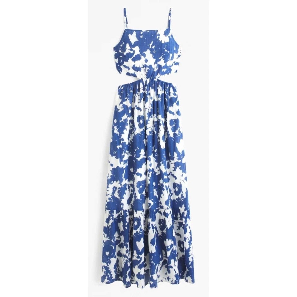 [Abercrombie & Fitch] Blue Crinkle Cutout High Neck Maxi Dress Pockets Size Xlp